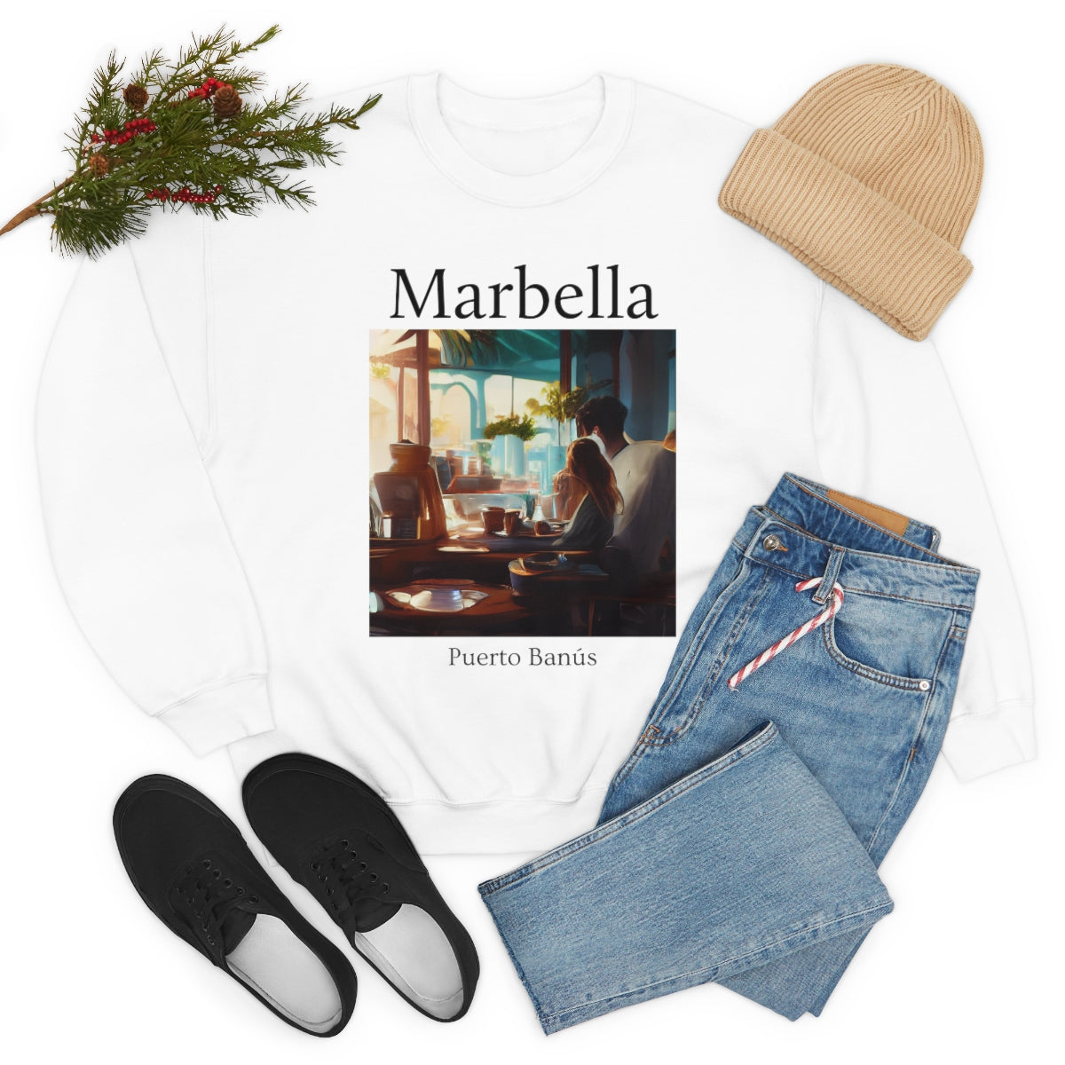 Coffee At Puerto Banús In Marbella Spain - Original Art. Unisex Heavy Blend Crewneck Sweatshirt.