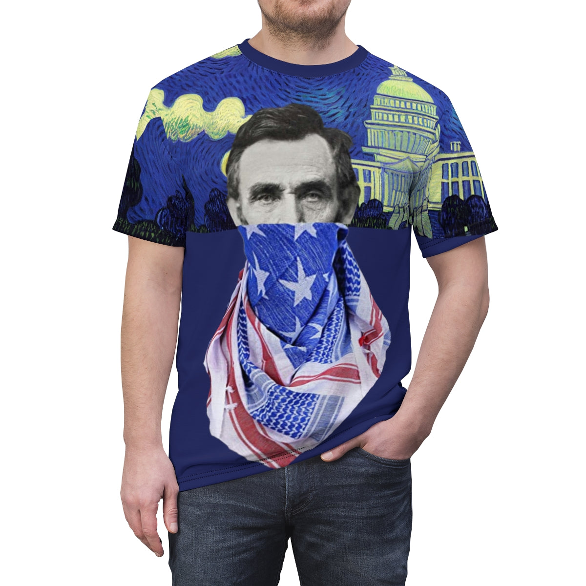 Abraham Lincoln Rebellion Original Art. Unisex AOP Cut & Sew Tee.