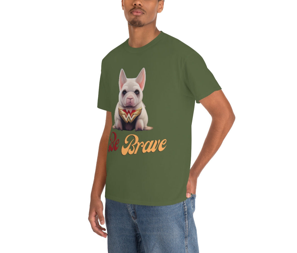 Superhero French Bulldog Calls For Bravery. Unisex Heavy Cotton Tee.