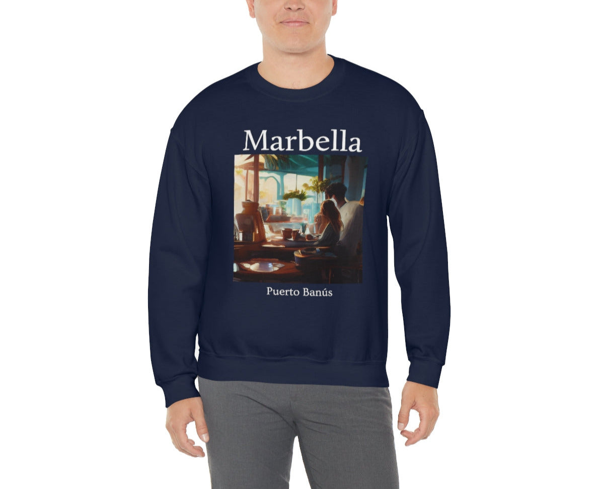 Coffee At Puerto Banús In Marbella Spain - Original Art. Unisex Heavy Blend Crewneck Sweatshirt.