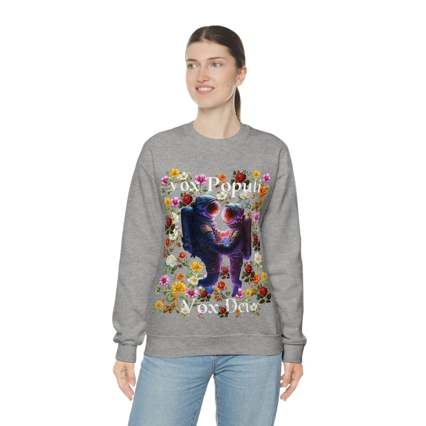 Flowers in Zero-G: A Cosmic Love Story. Original Art. Unisex Heavy Blend Crewneck Sweatshirt.