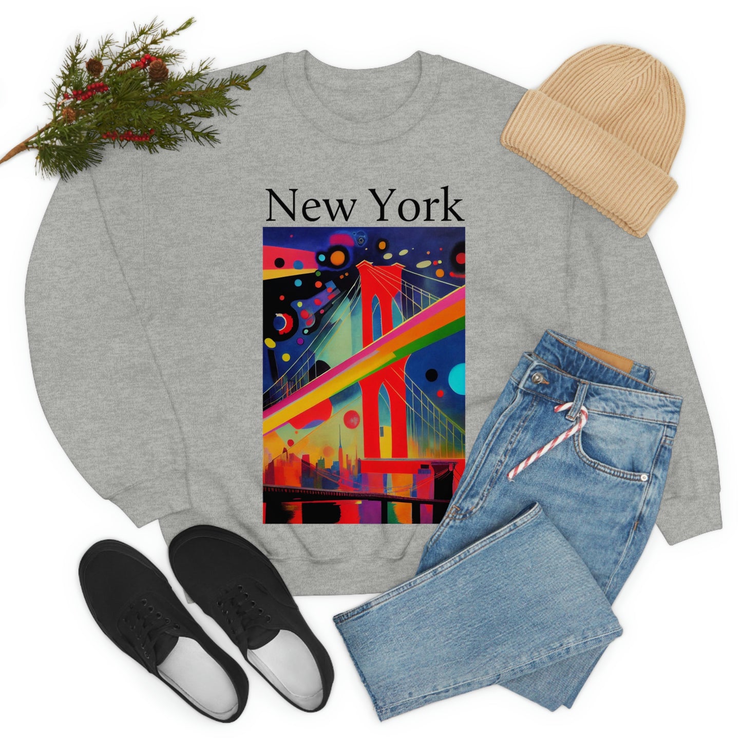Colorful Night at The Brooklyn Bridge, New York City. Original Art. Unisex Heavy Blend Crewneck Sweatshirt.
