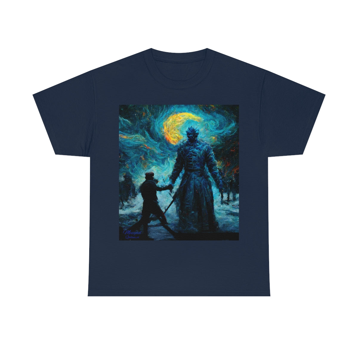 Starry Night Van Gogh and GoT Original Art. Night King Final Battle with Not Today Inscribed In The Back. Unisex Heavy Cotton Tee.