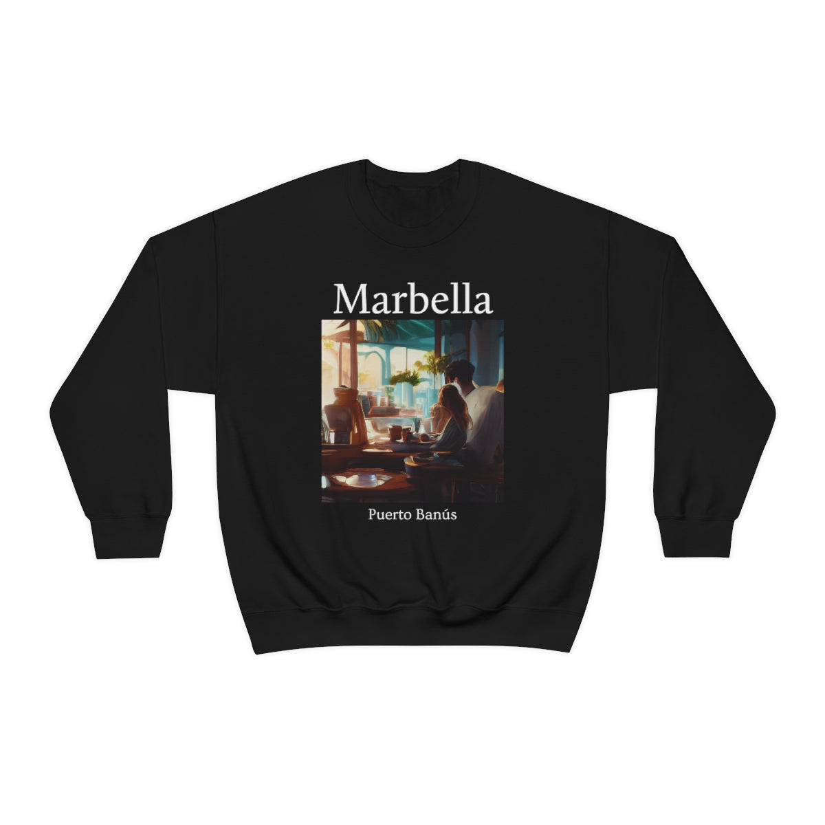 Coffee At Puerto Banús In Marbella Spain - Original Art. Unisex Heavy Blend Crewneck Sweatshirt.