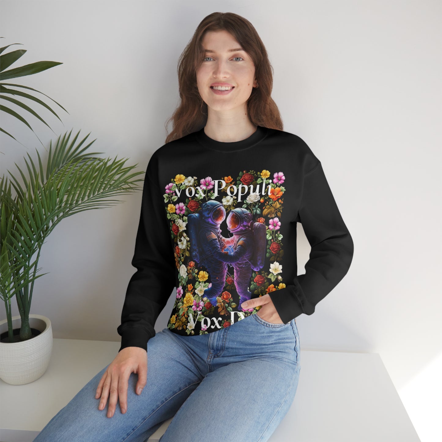 Flowers in Zero-G: A Cosmic Love Story. Original Art. Unisex Heavy Blend Crewneck Sweatshirt.