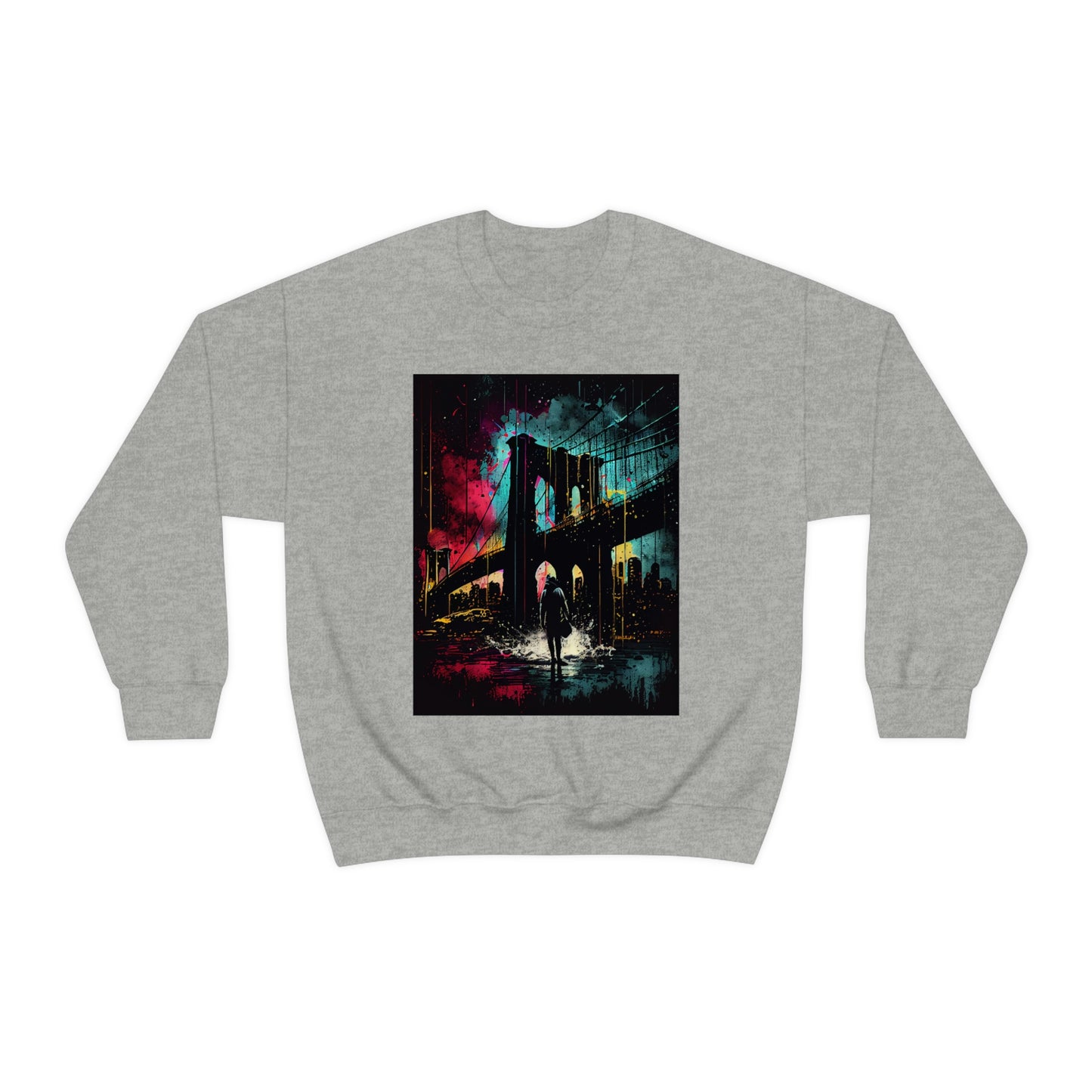 Night At The New York City Iconic Brooklyn Bridge. Original Art. Unisex Heavy Blend Crewneck Sweatshirt.
