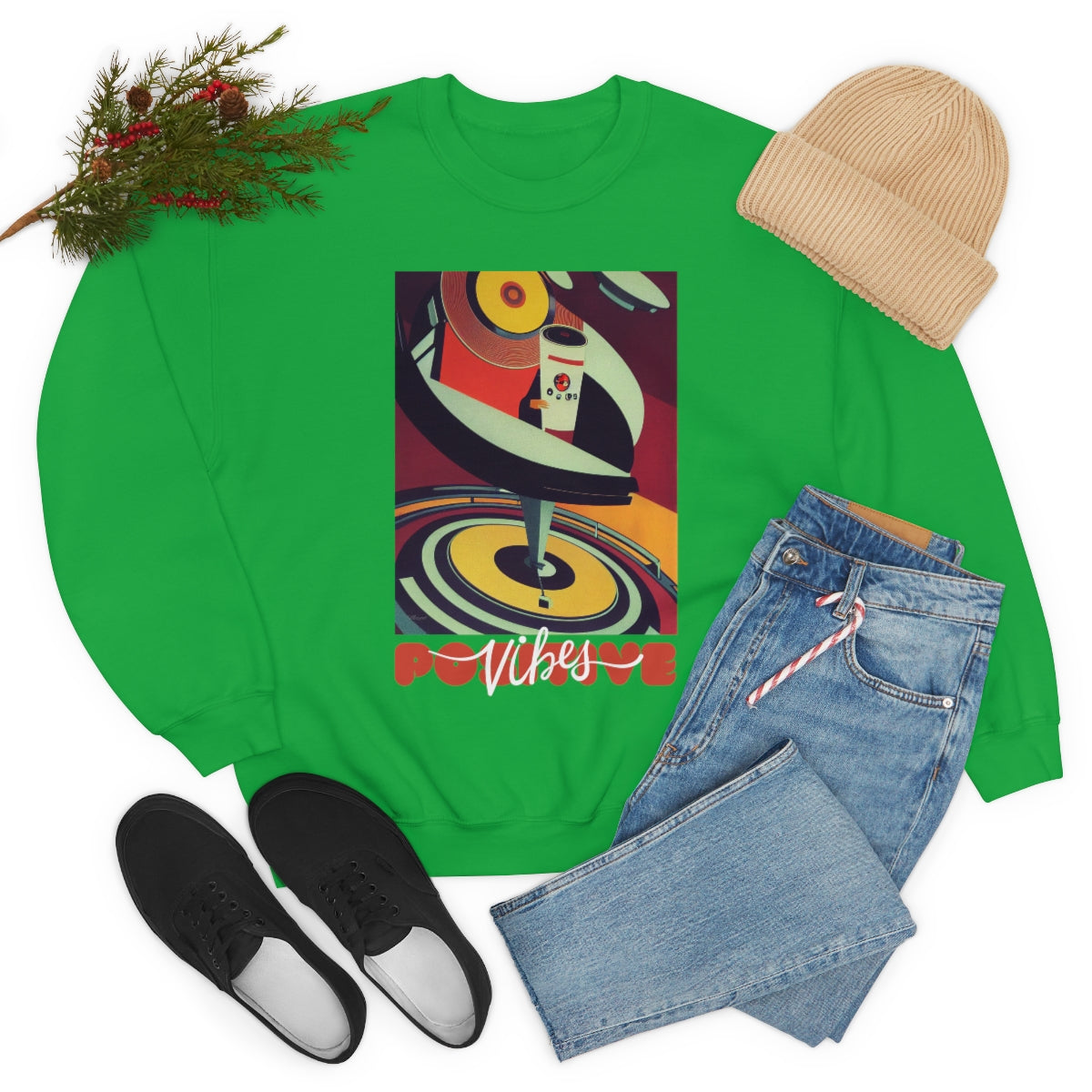 Positive Vibes - Retro Vinyl Music Records Original Art. Unisex Heavy Blend Crewneck Sweatshirt.
