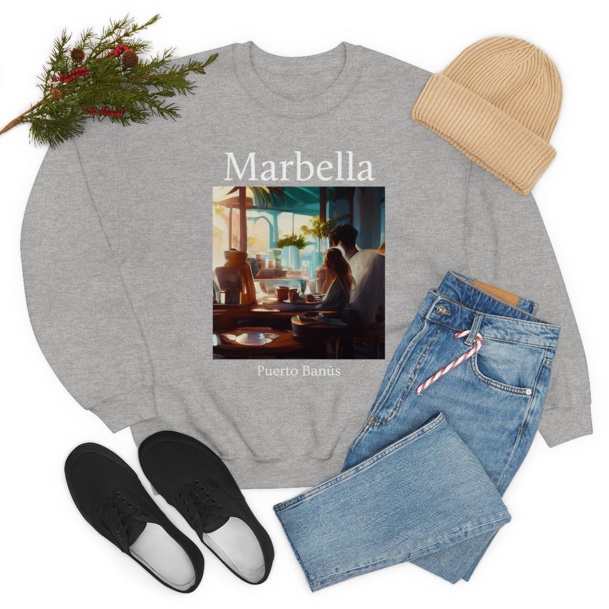 Coffee At Puerto Banús In Marbella Spain - Original Art. Unisex Heavy Blend Crewneck Sweatshirt.