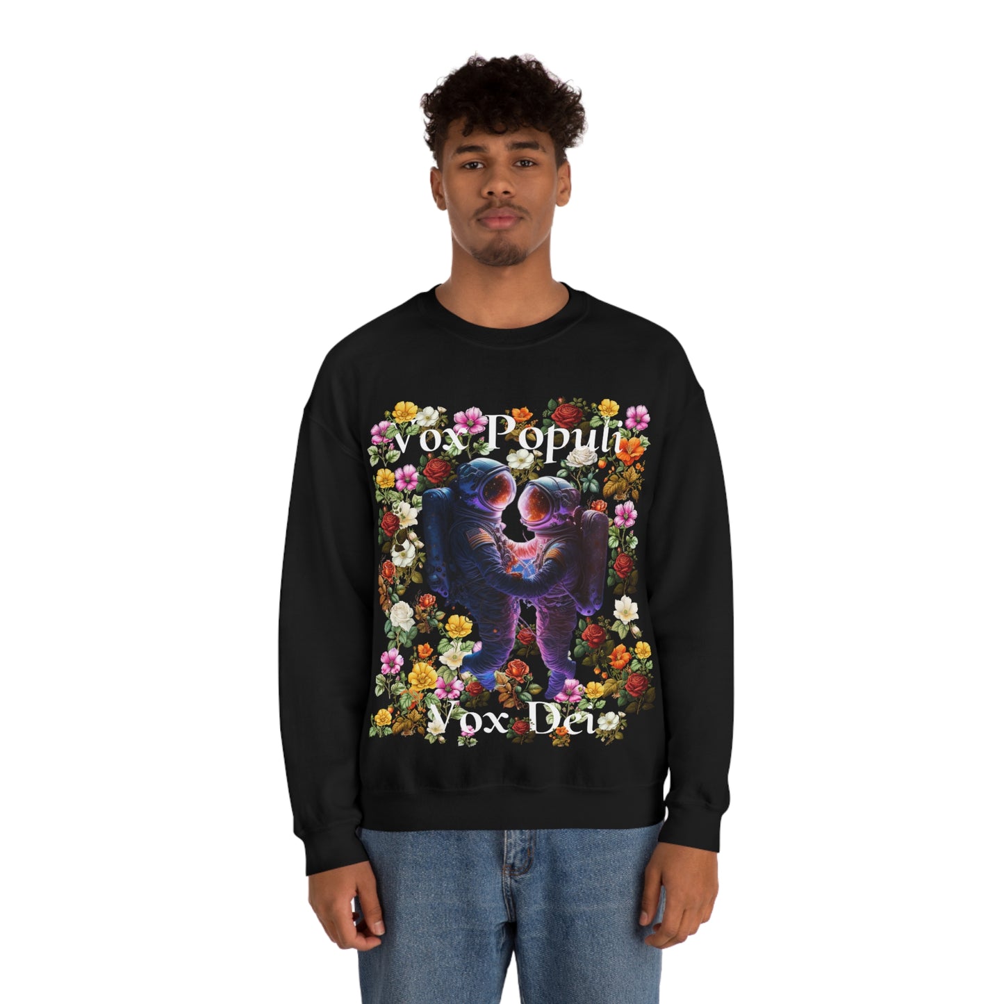 Flowers in Zero-G: A Cosmic Love Story. Original Art. Unisex Heavy Blend Crewneck Sweatshirt.