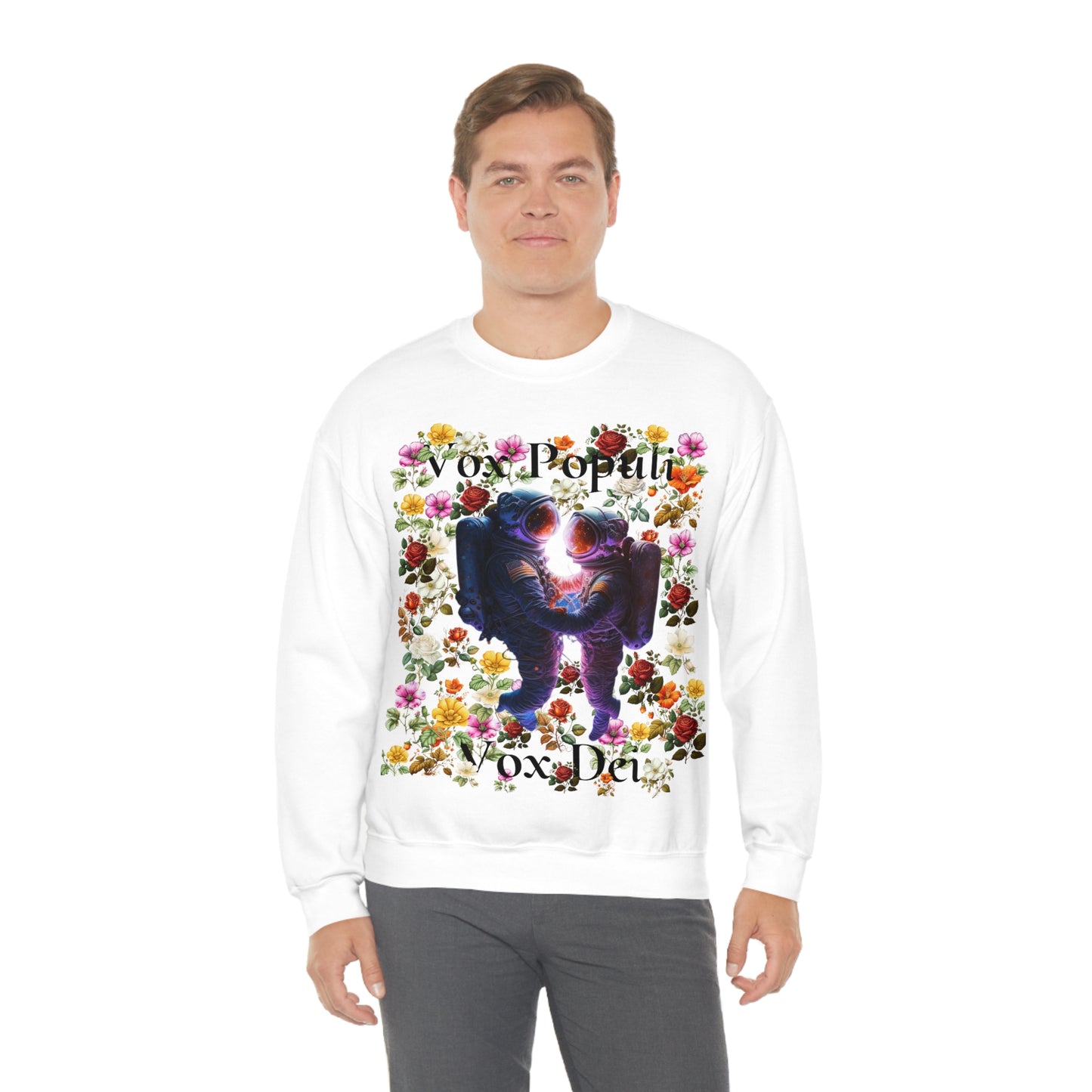 Flowers in Zero-G: A Cosmic Love Story. Original Art. Unisex Heavy Blend Crewneck Sweatshirt.