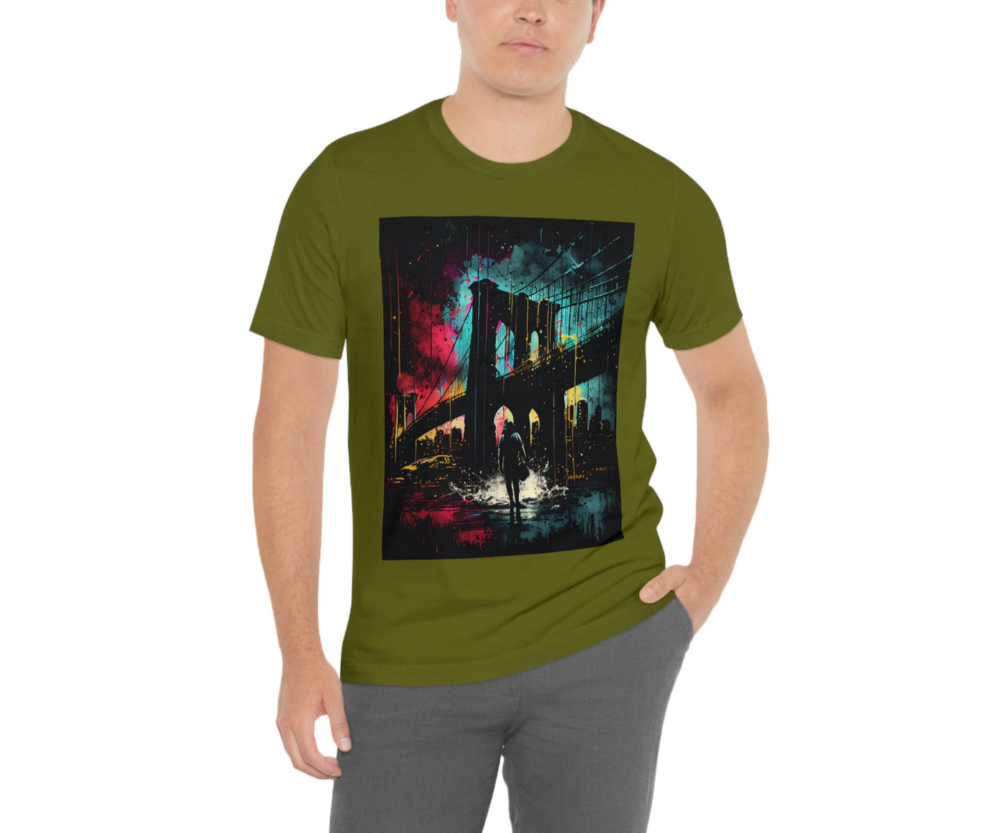 Night At The New York Historic Brooklyn Bridge. Original Art. Unisex Jersey Short Sleeve Tee.
