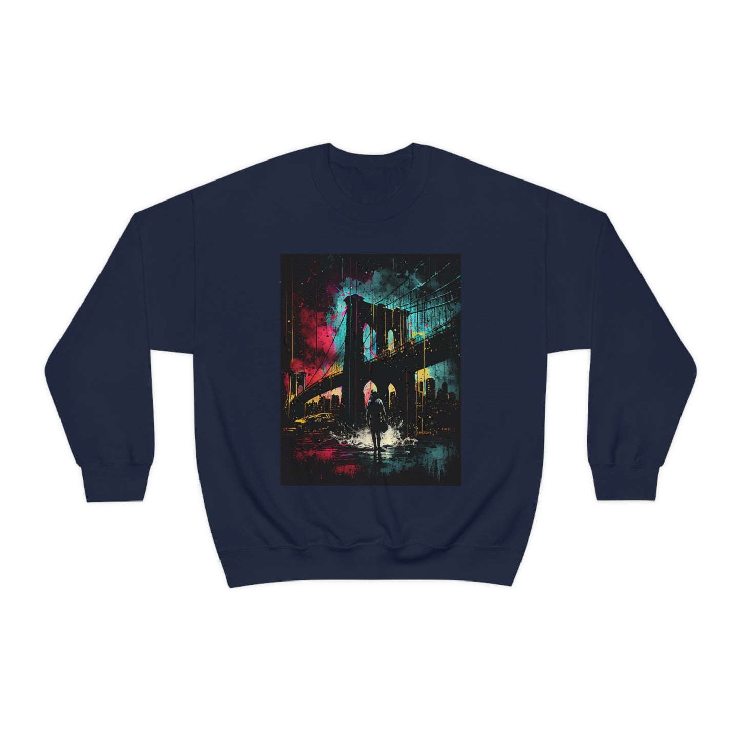 Night At The New York City Iconic Brooklyn Bridge. Original Art. Unisex Heavy Blend Crewneck Sweatshirt.