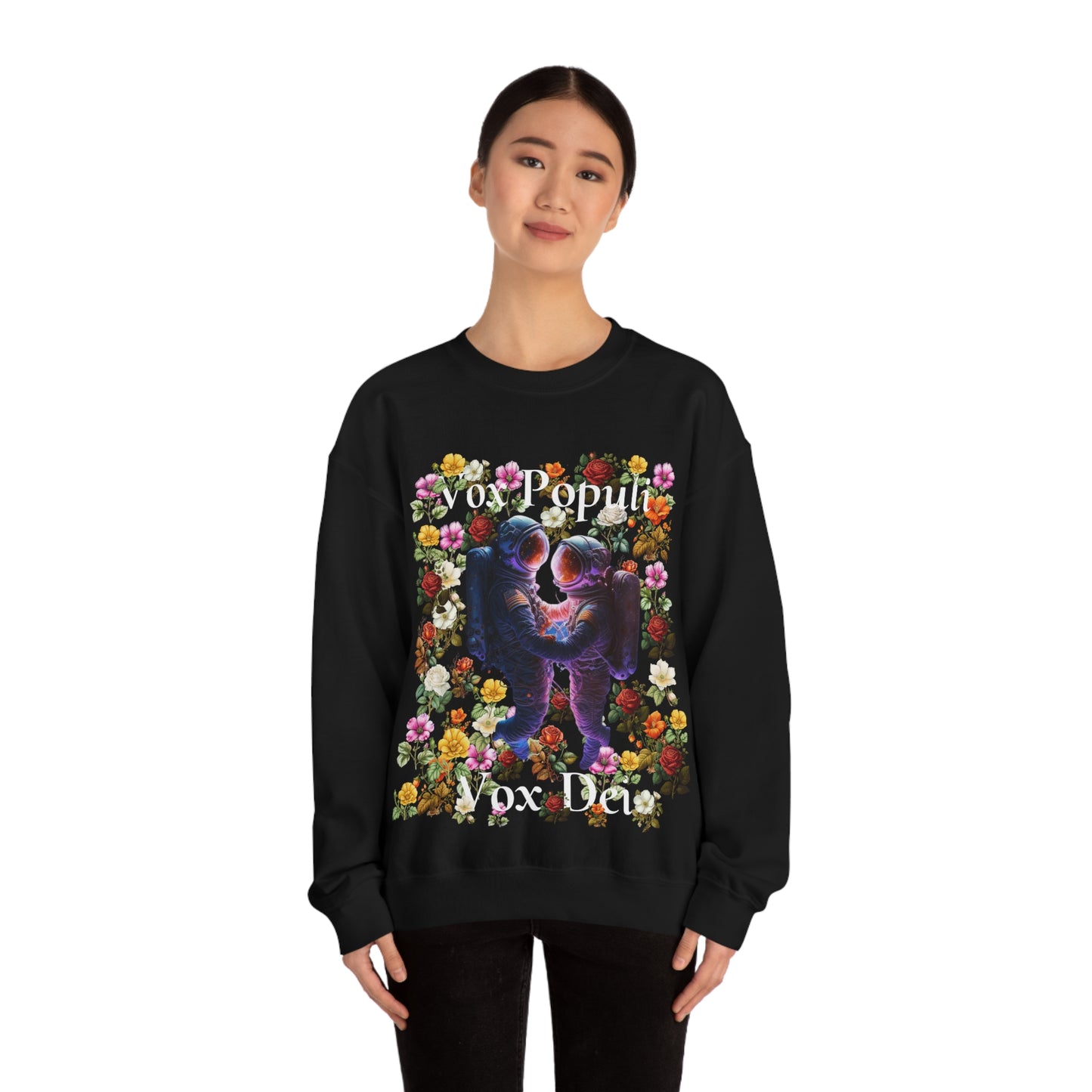 Flowers in Zero-G: A Cosmic Love Story. Original Art. Unisex Heavy Blend Crewneck Sweatshirt.