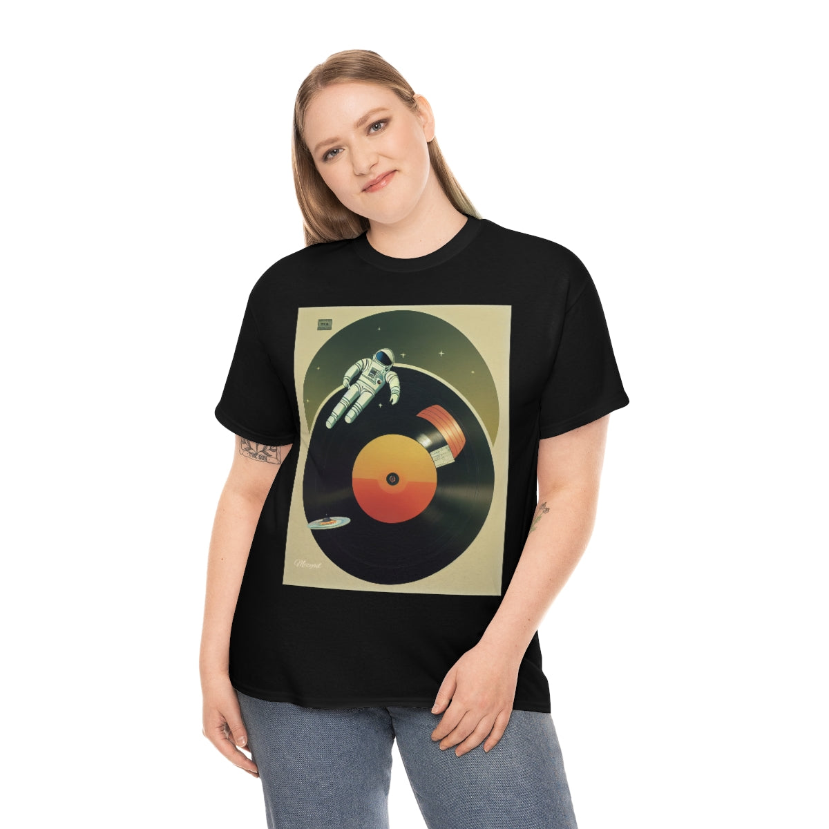 Astronaut Engraving Retro Music on a Vinyl. Original Artwork. Unisex Heavy Cotton Tee.