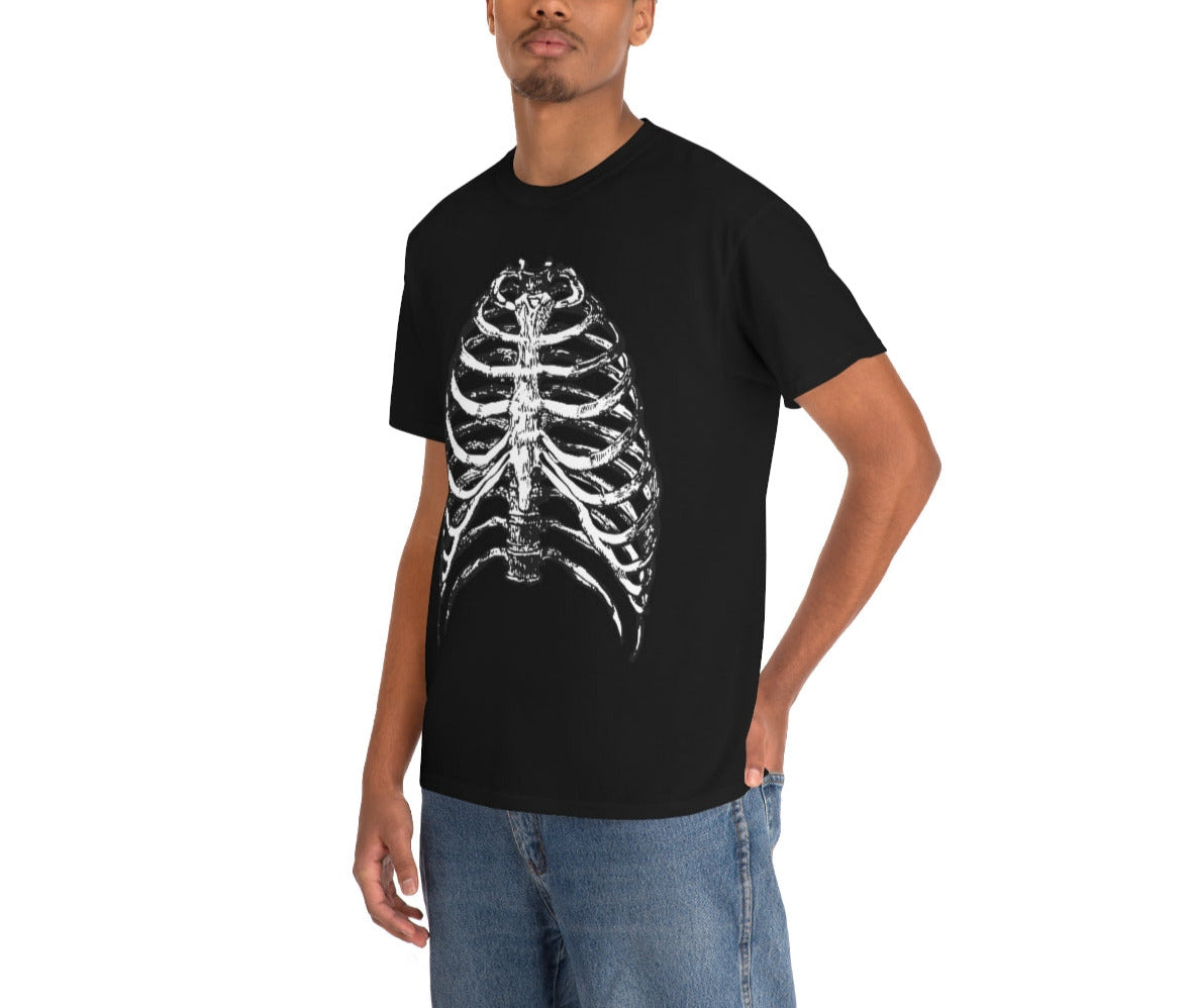 Skeleton Shirt. Halloween Easy Costume on Rib Cage. Unisex Heavy Cotton Tee.