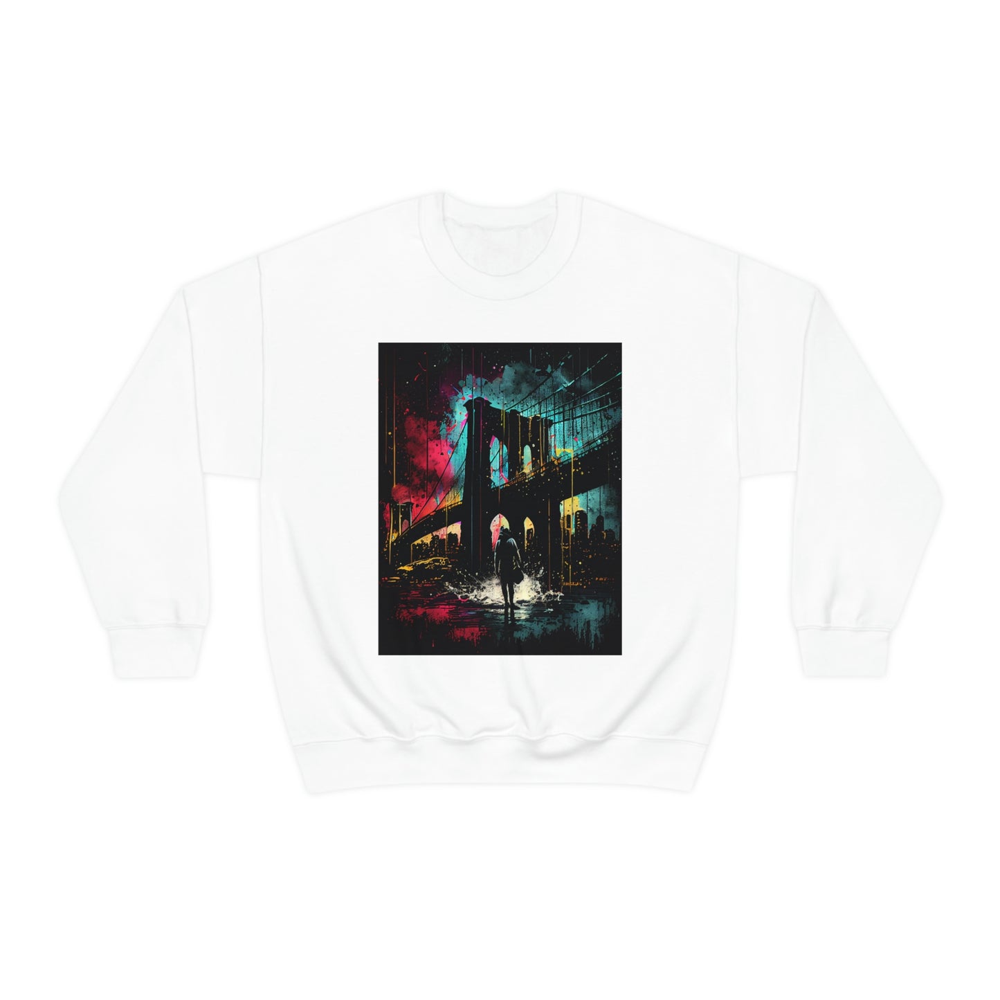 Night At The New York City Iconic Brooklyn Bridge. Original Art. Unisex Heavy Blend Crewneck Sweatshirt.