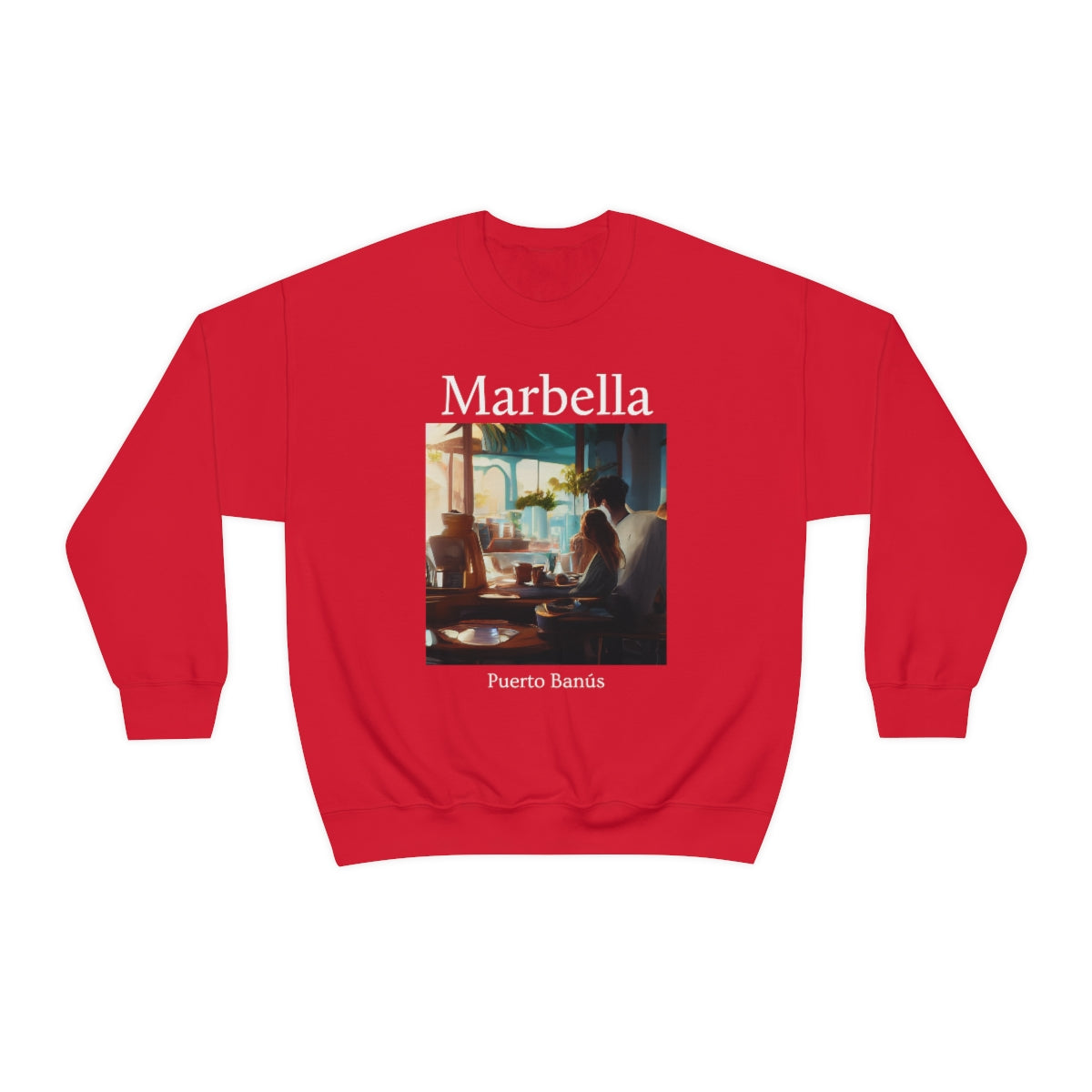 Coffee At Puerto Banús In Marbella Spain - Original Art. Unisex Heavy Blend Crewneck Sweatshirt.