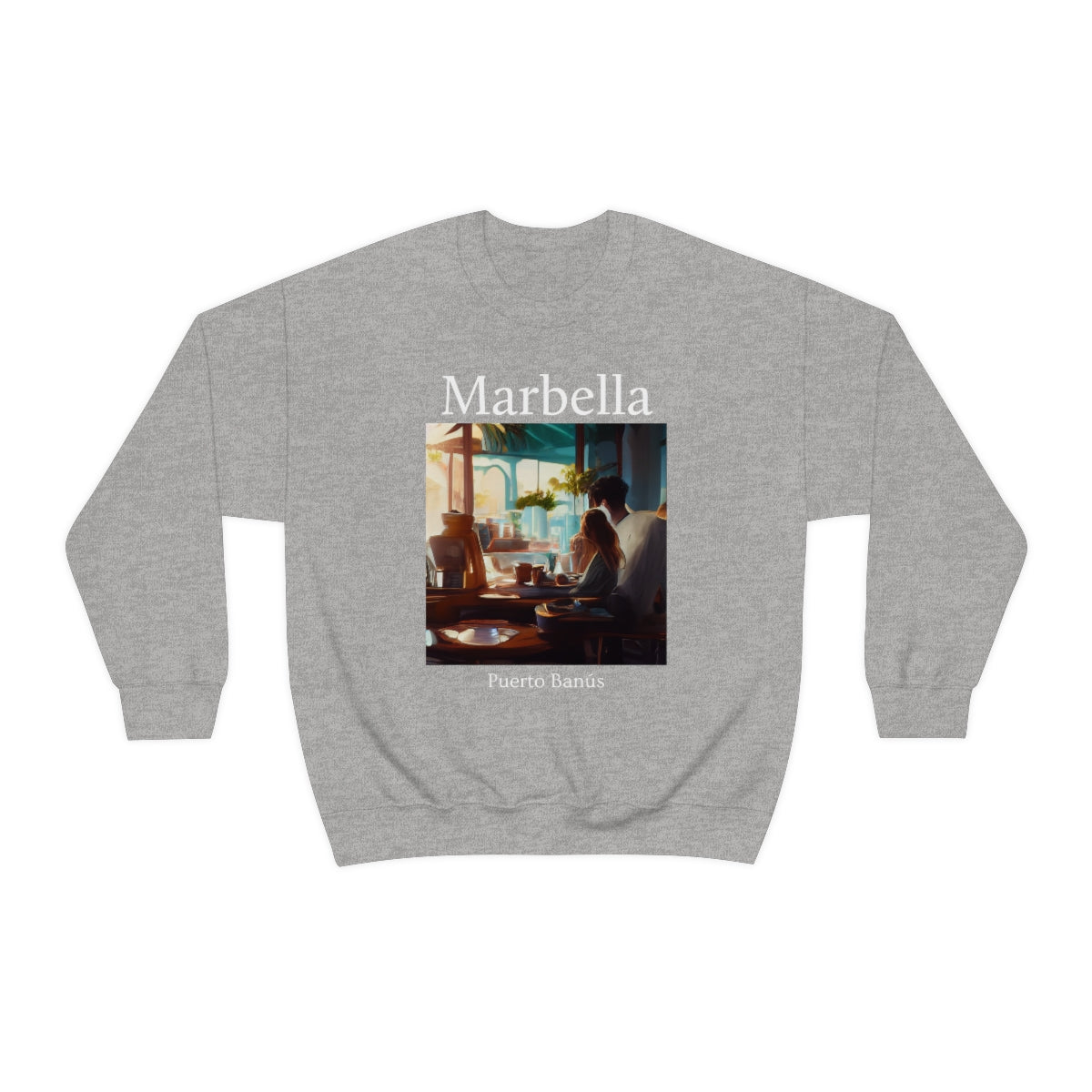 Coffee At Puerto Banús In Marbella Spain - Original Art. Unisex Heavy Blend Crewneck Sweatshirt.