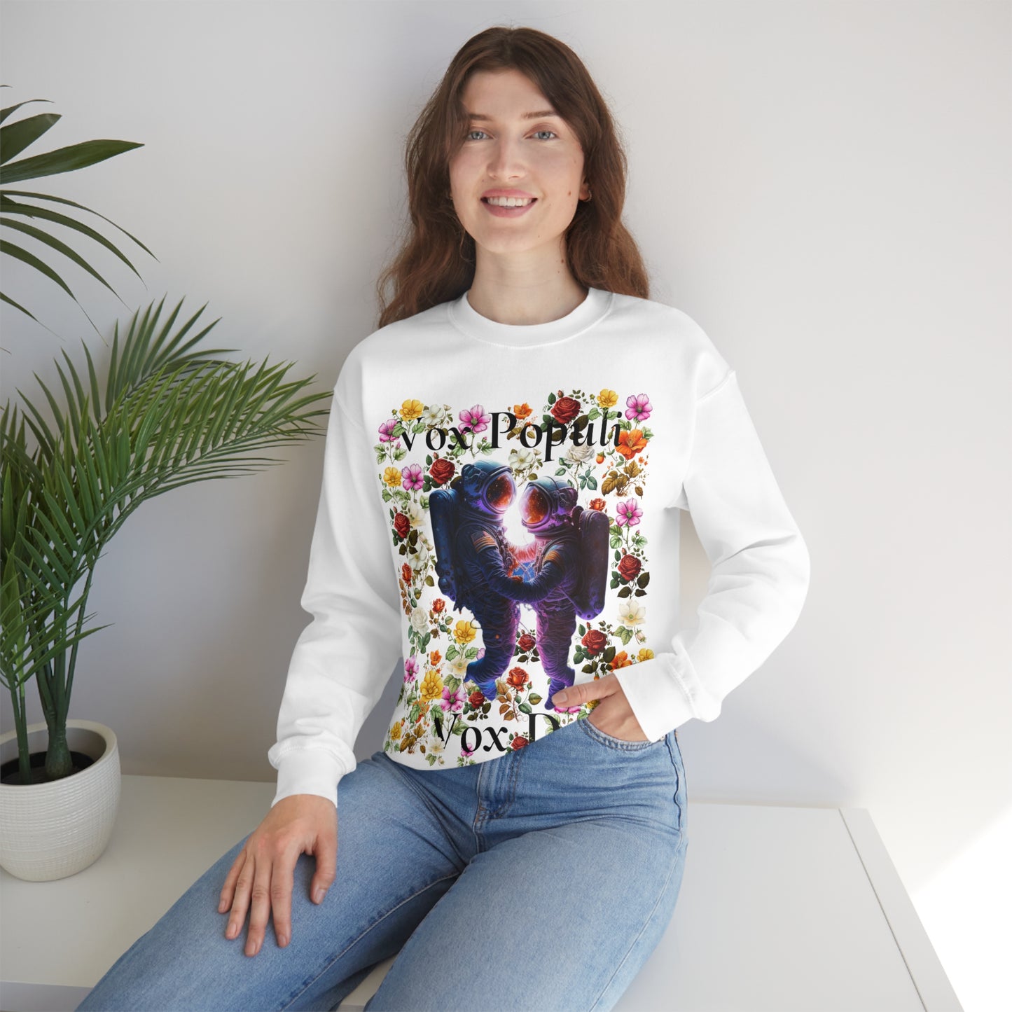 Flowers in Zero-G: A Cosmic Love Story. Original Art. Unisex Heavy Blend Crewneck Sweatshirt.