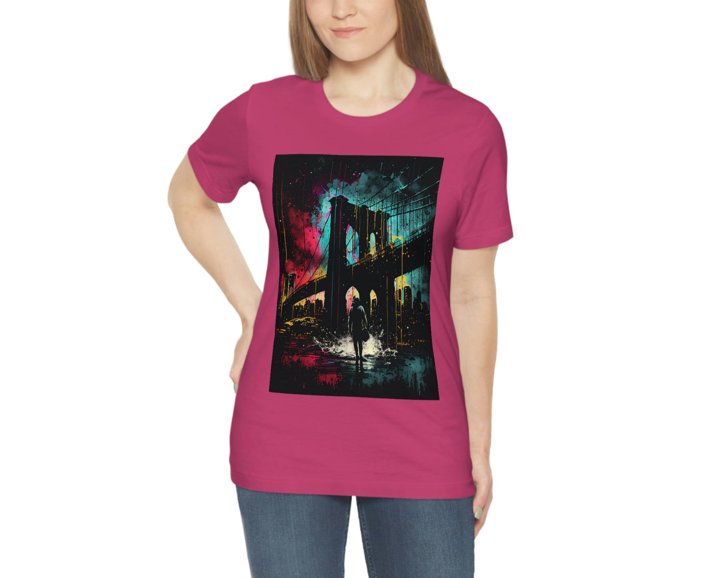 Night At The New York Historic Brooklyn Bridge. Original Art. Unisex Jersey Short Sleeve Tee.