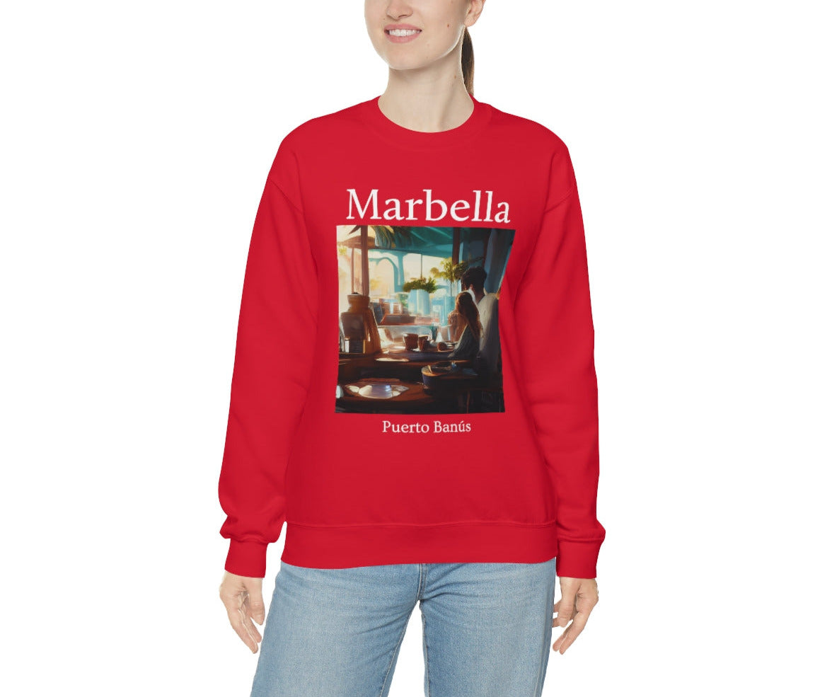 Coffee At Puerto Banús In Marbella Spain - Original Art. Unisex Heavy Blend Crewneck Sweatshirt.