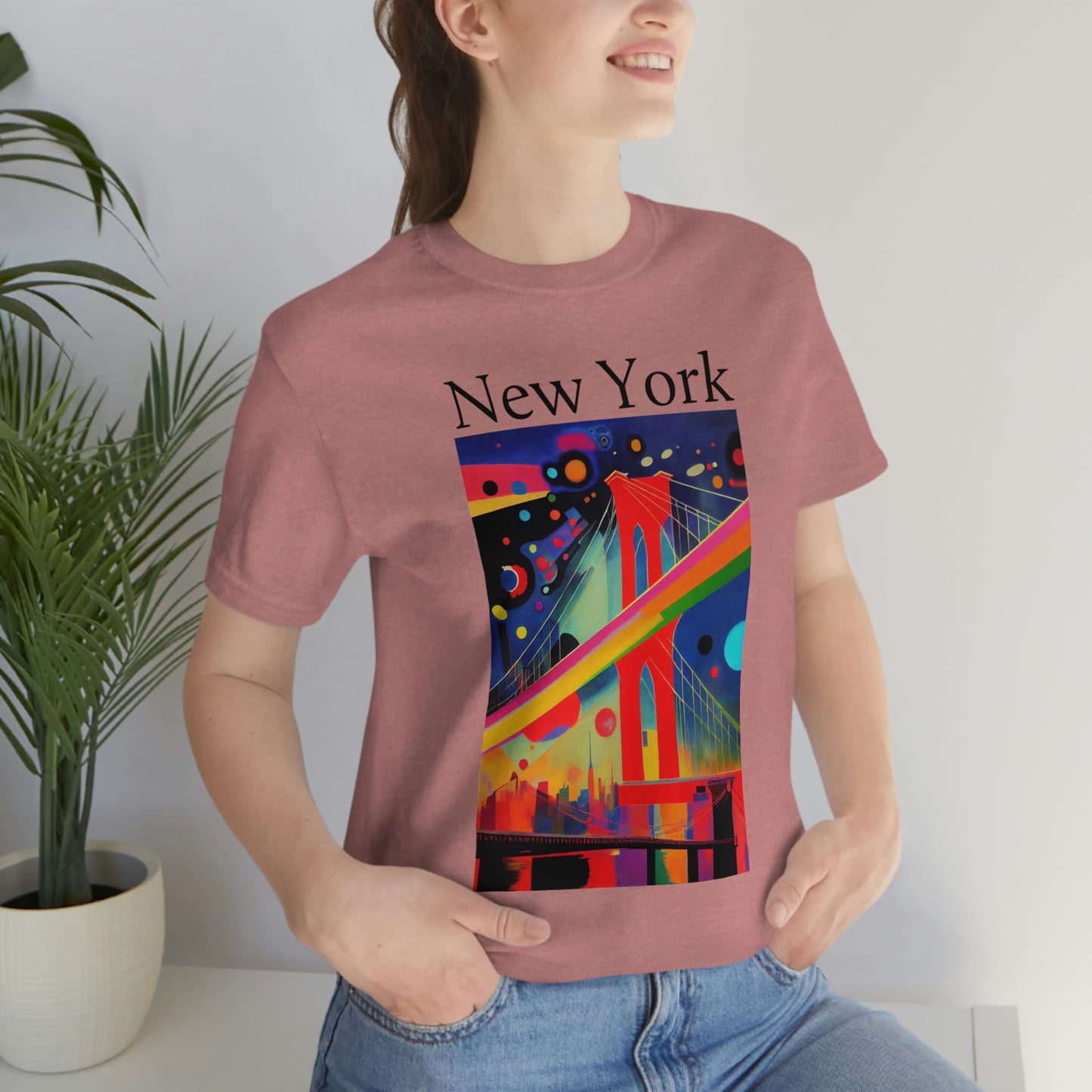 Colorful Night At The Brooklyn Bridge, New York City. Original Art. Unisex Jersey Short Sleeve Tee.