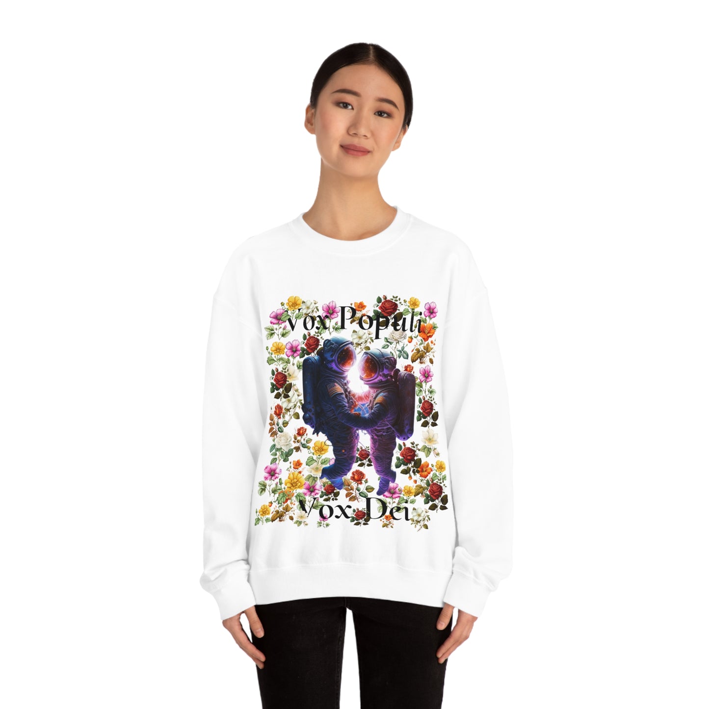 Flowers in Zero-G: A Cosmic Love Story. Original Art. Unisex Heavy Blend Crewneck Sweatshirt.