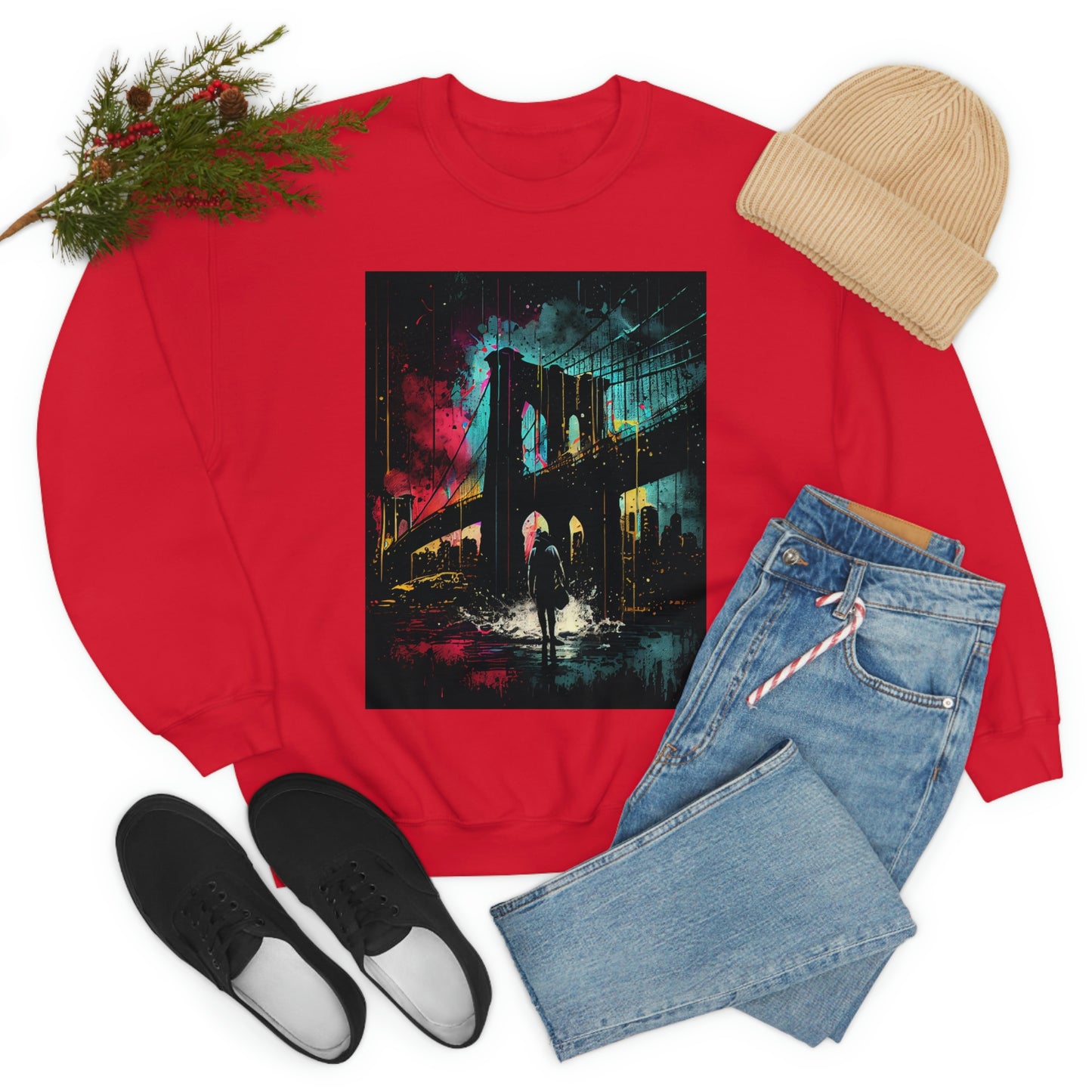 Night At The New York City Iconic Brooklyn Bridge. Original Art. Unisex Heavy Blend Crewneck Sweatshirt.