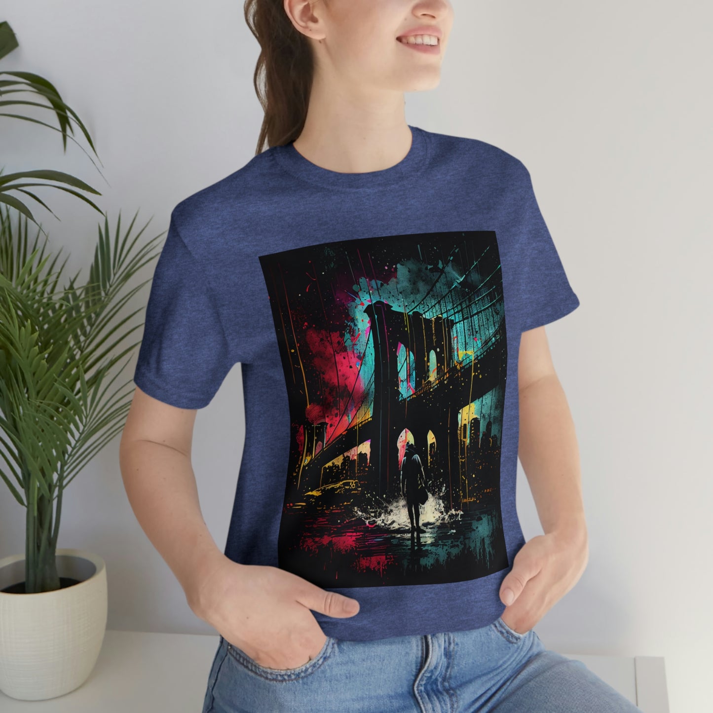 Night At The New York Historic Brooklyn Bridge. Original Art. Unisex Jersey Short Sleeve Tee.