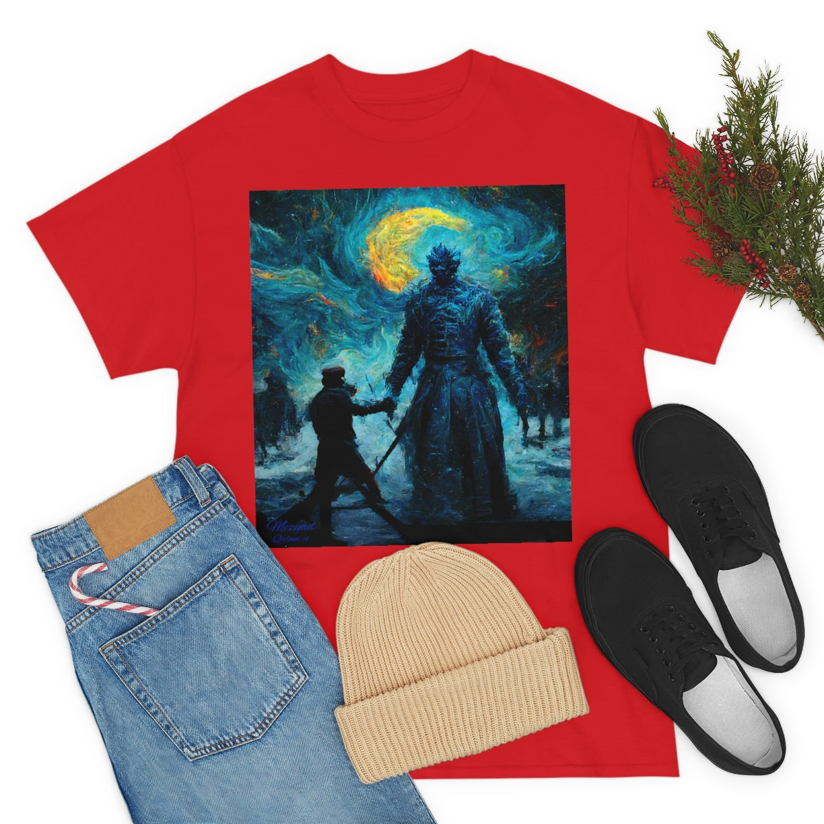 Starry Night Van Gogh and GoT Original Art. Night King Final Battle with Not Today Inscribed In The Back. Unisex Heavy Cotton Tee.