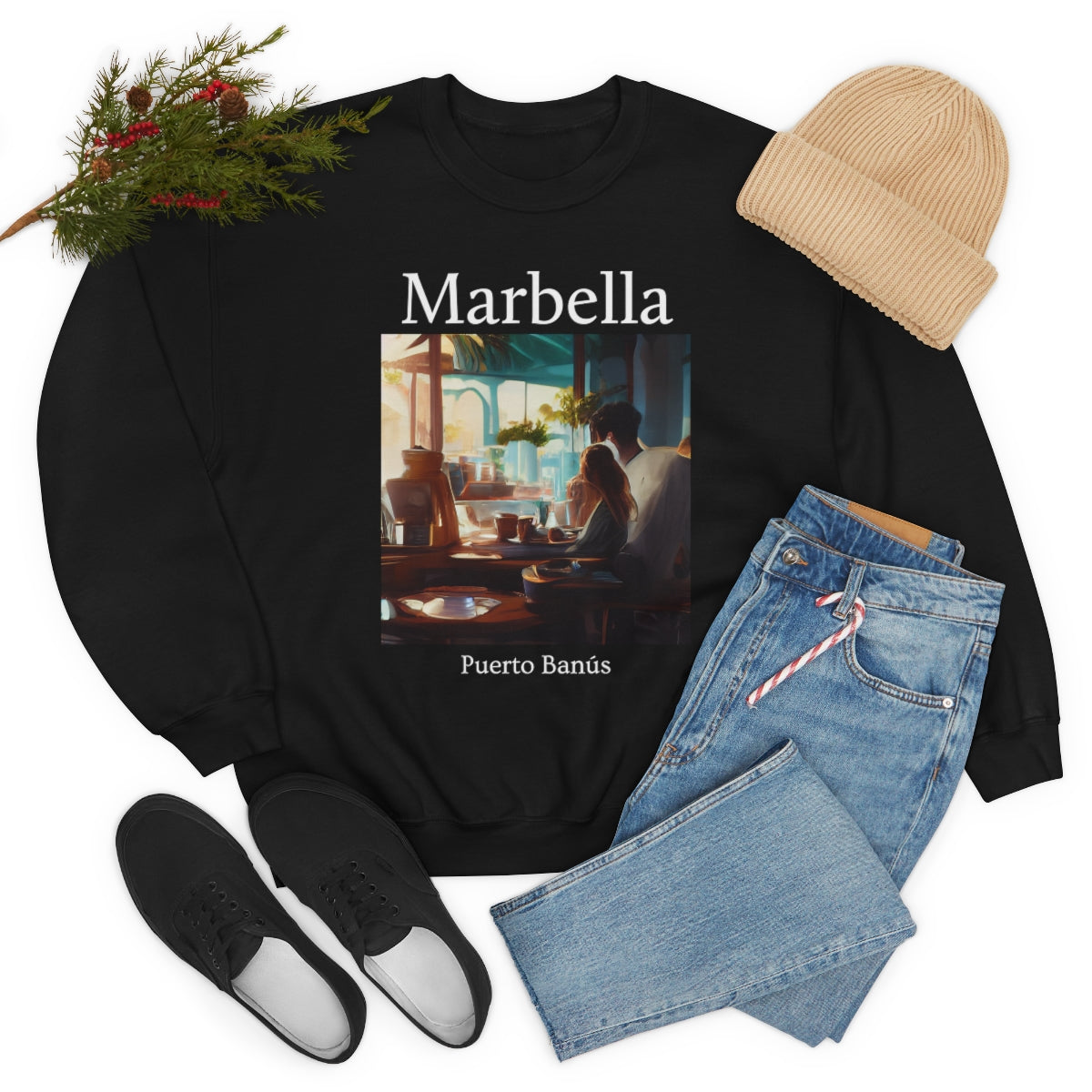 Coffee At Puerto Banús In Marbella Spain - Original Art. Unisex Heavy Blend Crewneck Sweatshirt.