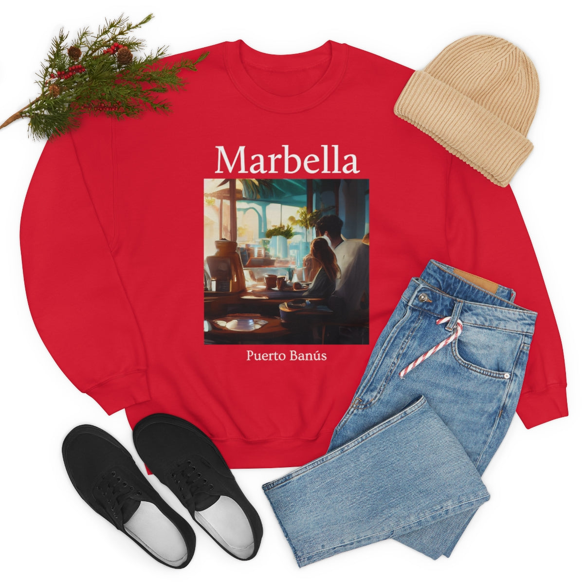 Coffee At Puerto Banús In Marbella Spain - Original Art. Unisex Heavy Blend Crewneck Sweatshirt.