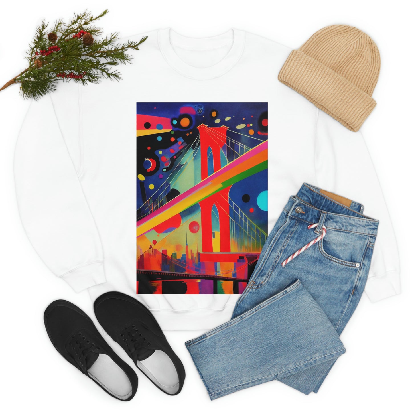 The Brooklyn Bridge, New York City. Cubism Original Art. Unisex Heavy Blend Crewneck Sweatshirt.