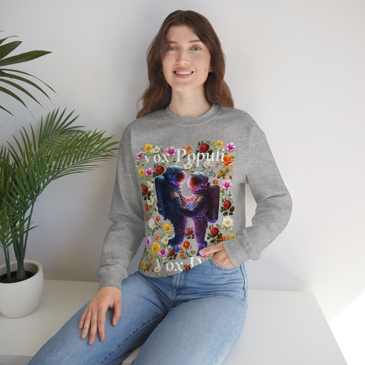 Flowers in Zero-G: A Cosmic Love Story. Original Art. Unisex Heavy Blend Crewneck Sweatshirt.