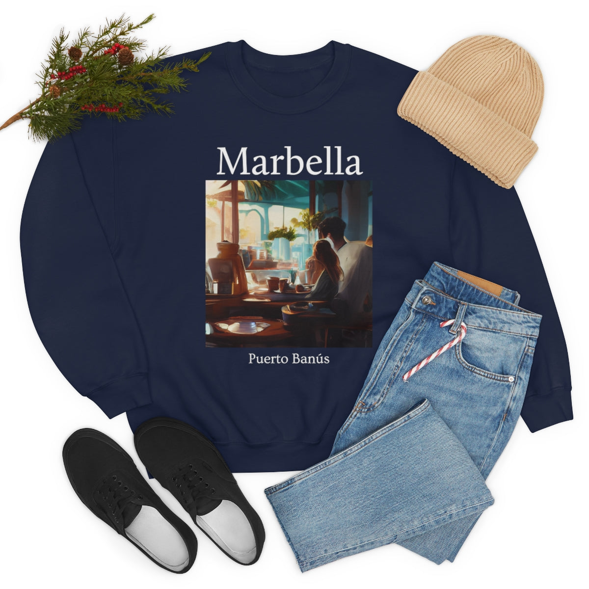 Coffee At Puerto Banús In Marbella Spain - Original Art. Unisex Heavy Blend Crewneck Sweatshirt.