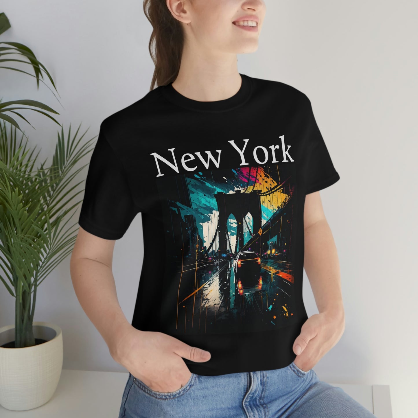 Rushing The Brooklyn Bridge, New York City. Unisex Jersey Short Sleeve Tee.