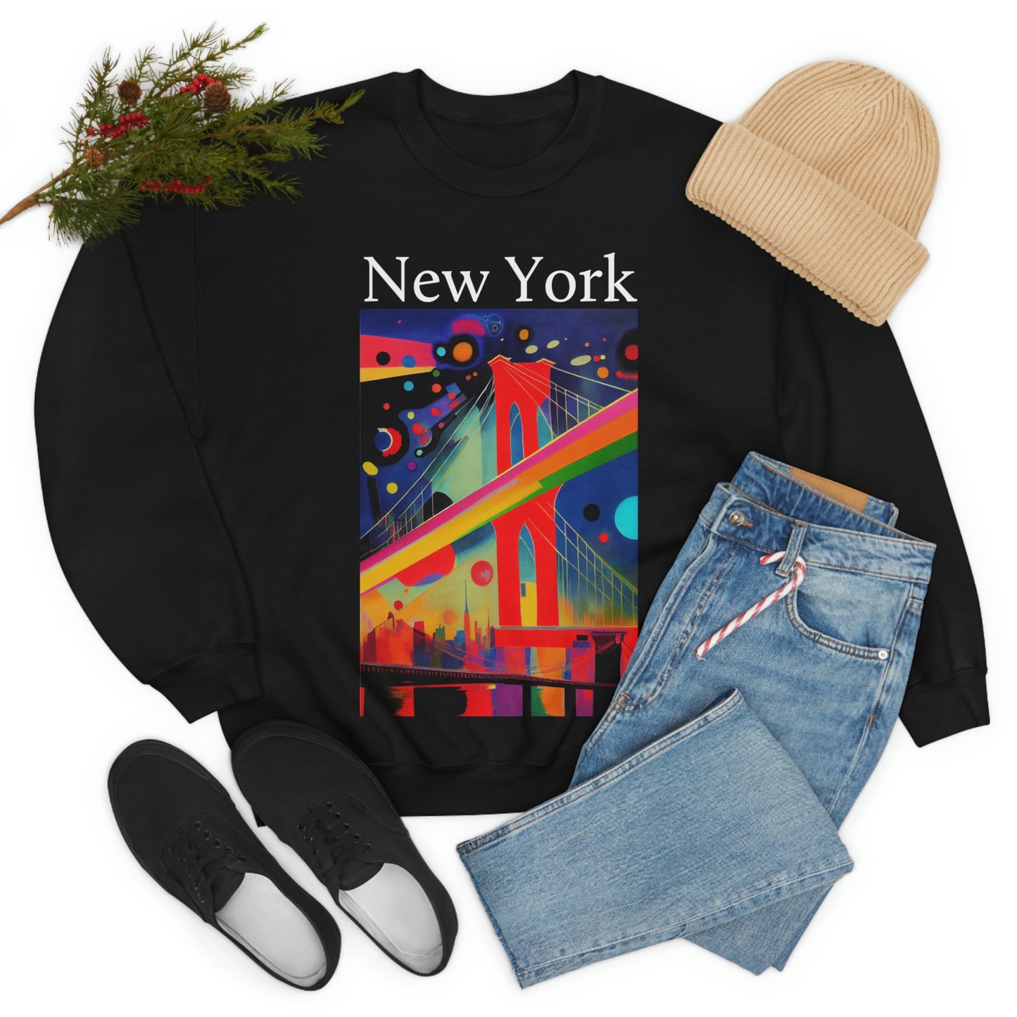 Colorful Night at The Brooklyn Bridge, New York City. Original Art. Unisex Heavy Blend Crewneck Sweatshirt.
