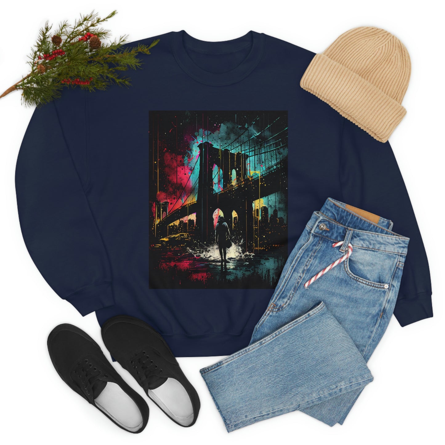 Night At The New York City Iconic Brooklyn Bridge. Original Art. Unisex Heavy Blend Crewneck Sweatshirt.