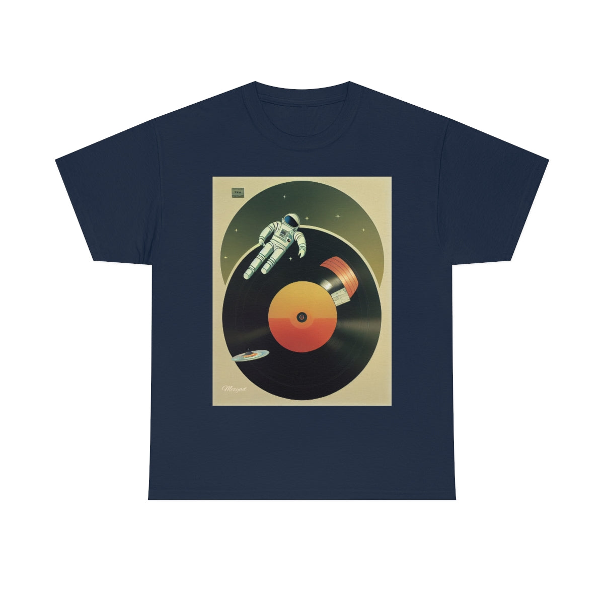 Astronaut Engraving Retro Music on a Vinyl. Original Artwork. Unisex Heavy Cotton Tee.