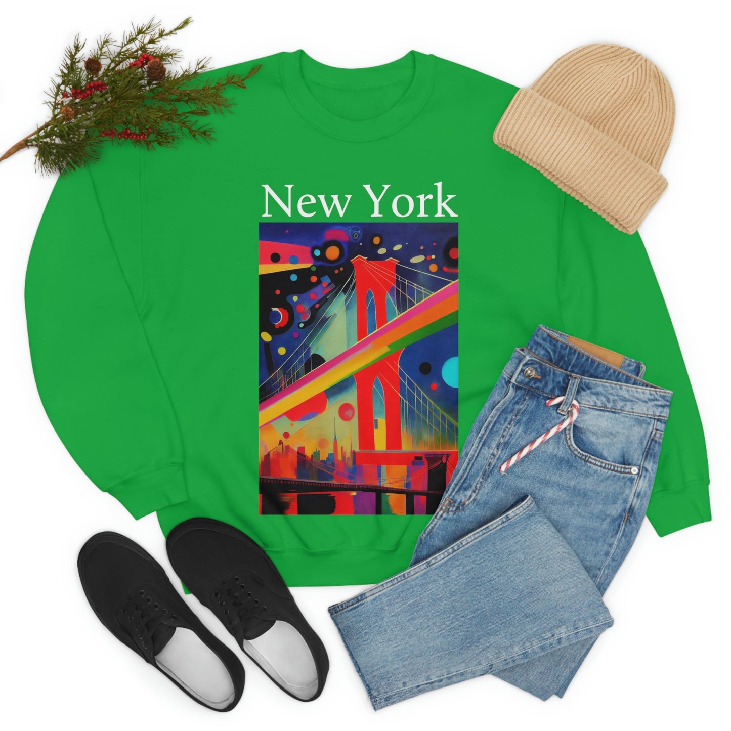 Colorful Night at The Brooklyn Bridge, New York City. Original Art. Unisex Heavy Blend Crewneck Sweatshirt.