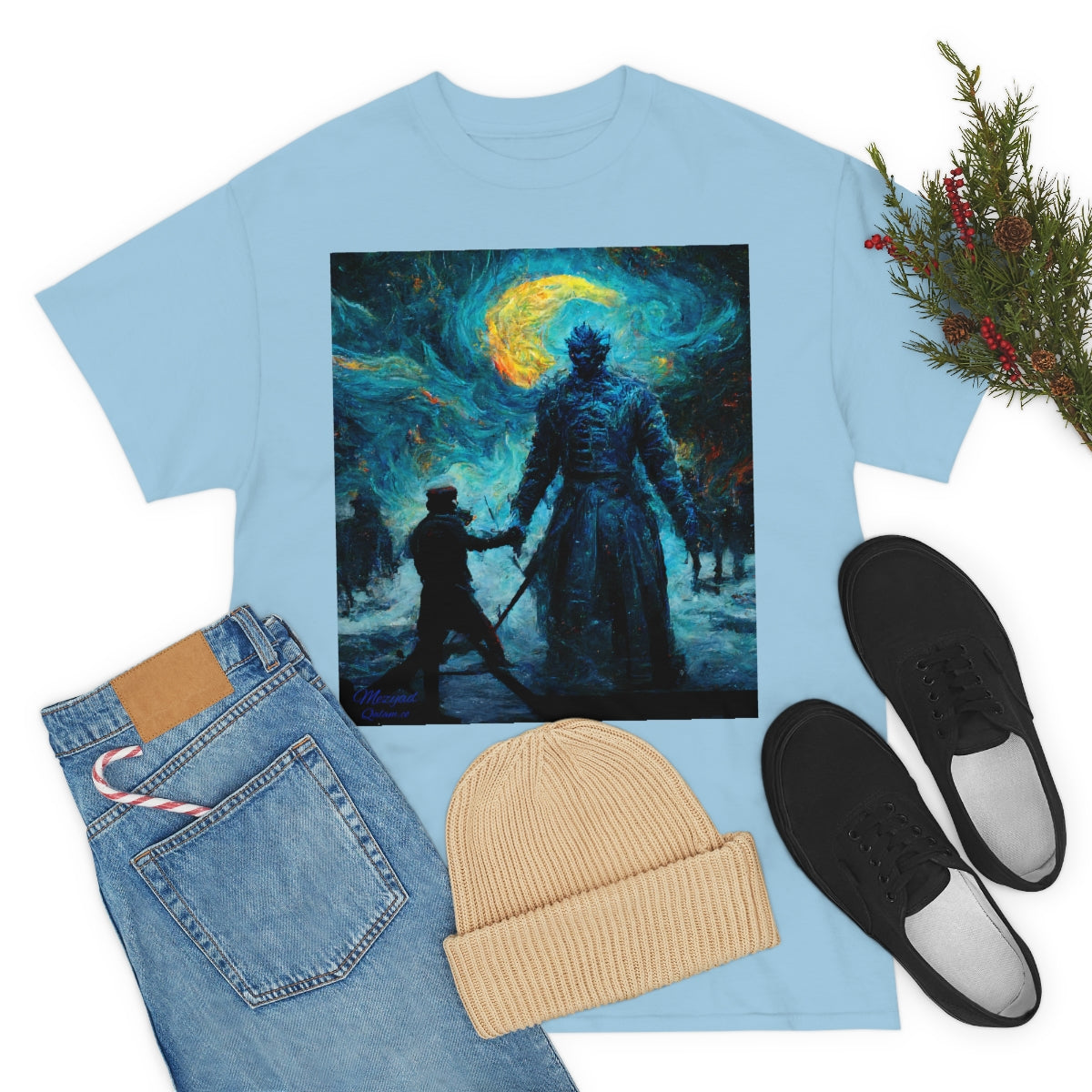 Starry Night Van Gogh and GoT Original Art. Night King Final Battle with Not Today Inscribed In The Back. Unisex Heavy Cotton Tee.
