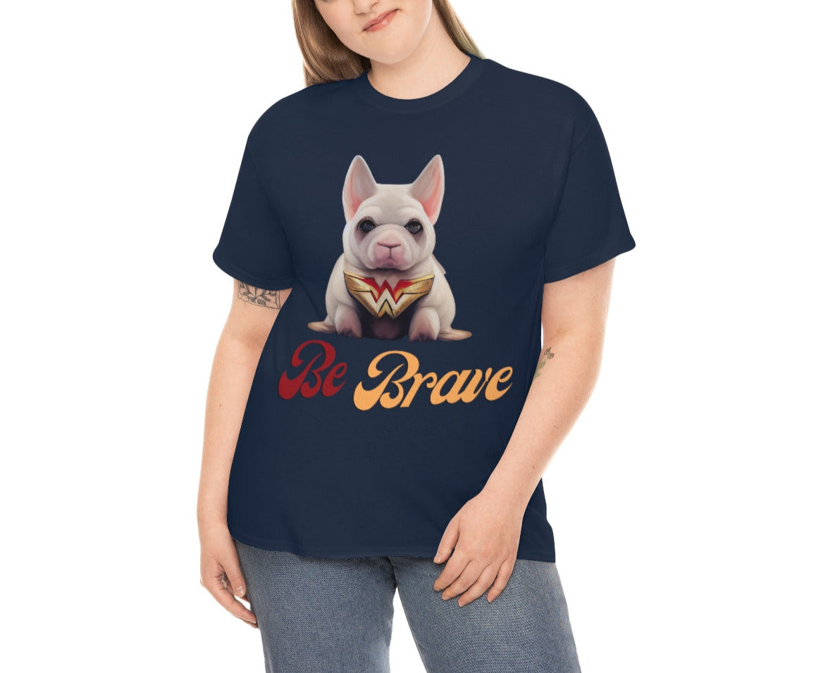 Superhero French Bulldog Calls For Bravery. Unisex Heavy Cotton Tee.