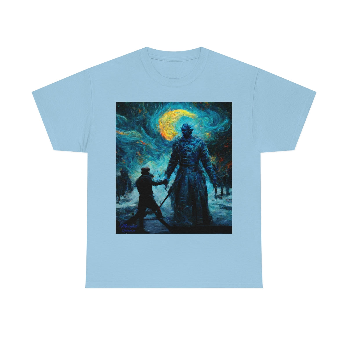 Starry Night Van Gogh and GoT Original Art. Night King Final Battle with Not Today Inscribed In The Back. Unisex Heavy Cotton Tee.