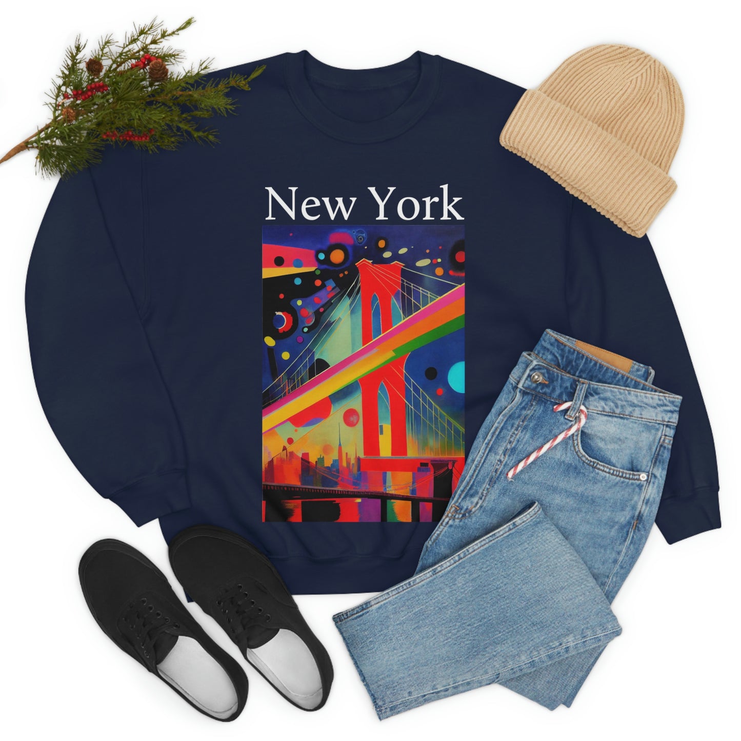 Colorful Night at The Brooklyn Bridge, New York City. Original Art. Unisex Heavy Blend Crewneck Sweatshirt.