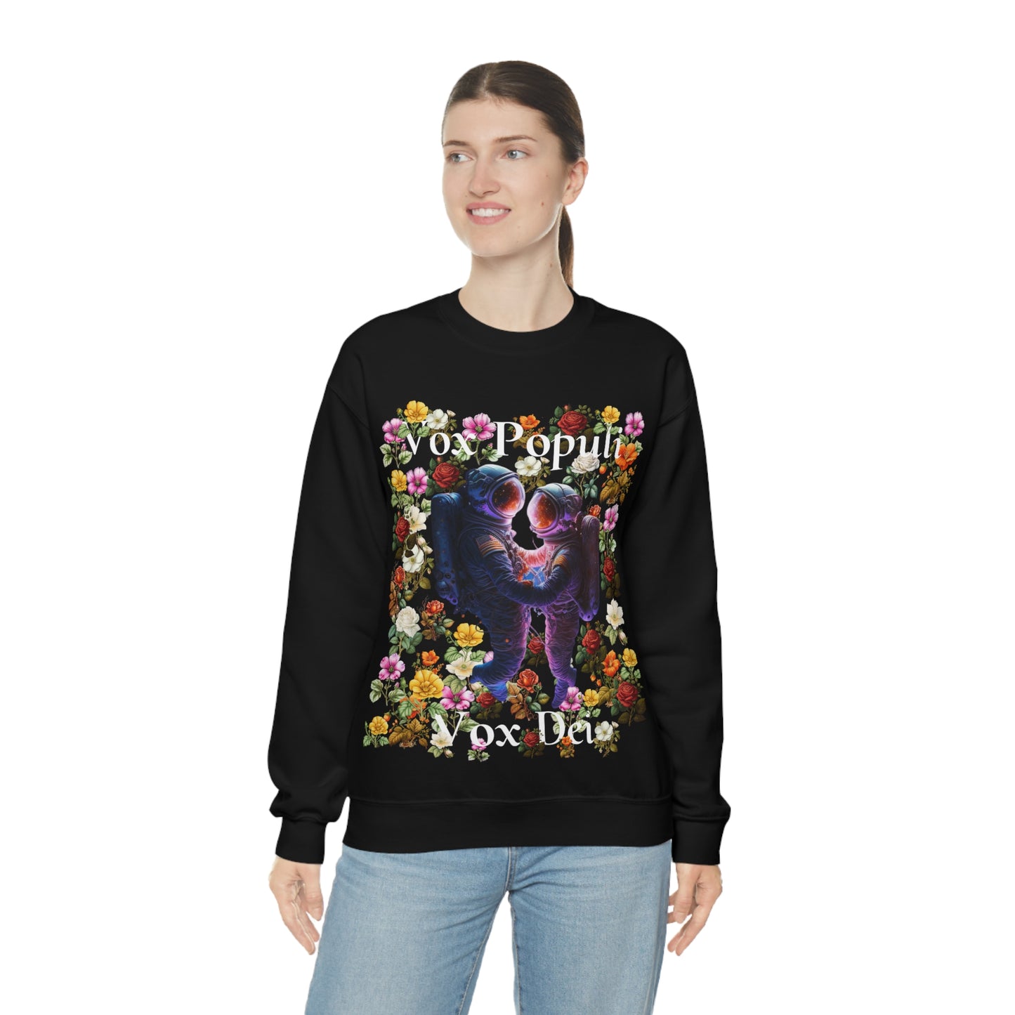 Flowers in Zero-G: A Cosmic Love Story. Original Art. Unisex Heavy Blend Crewneck Sweatshirt.