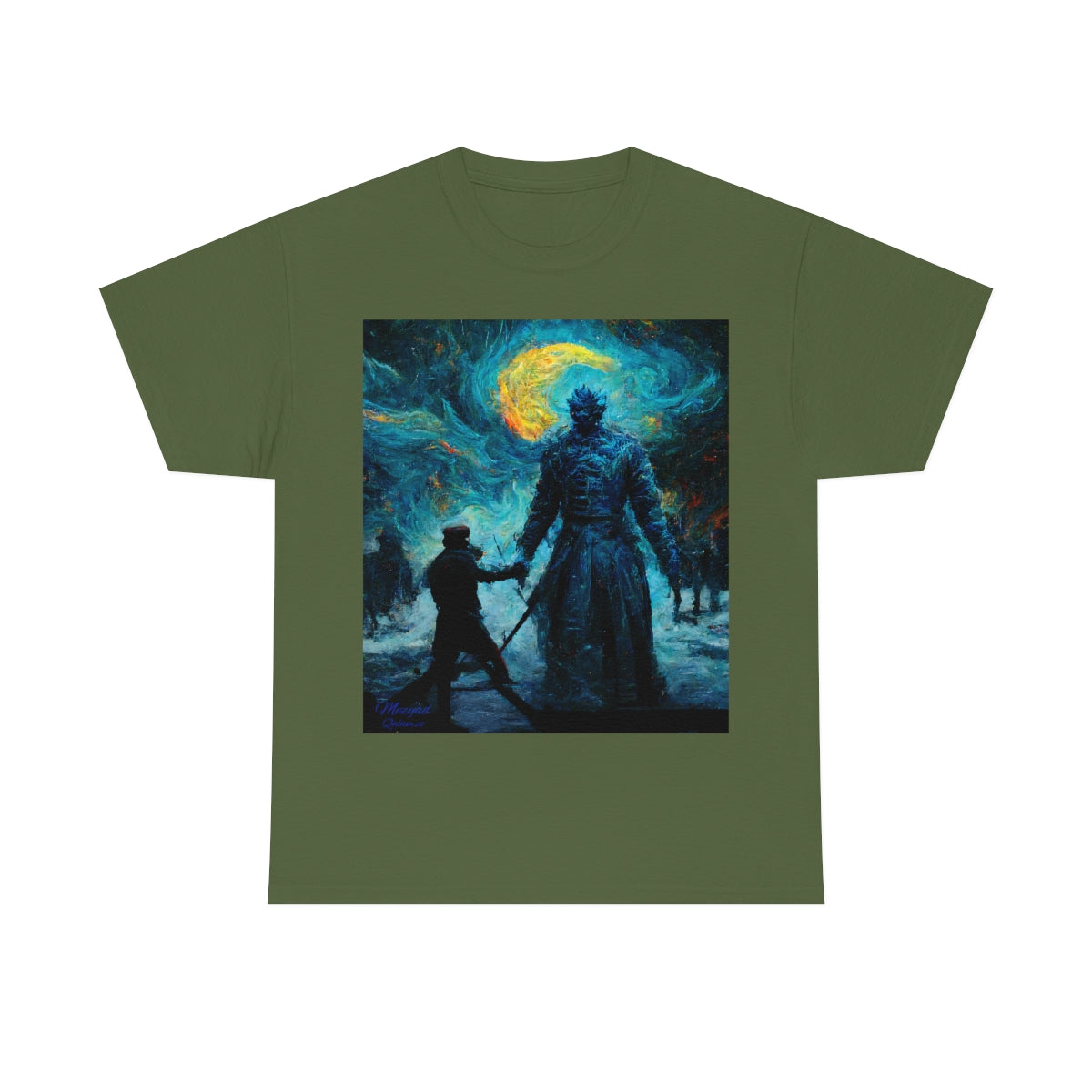 Starry Night Van Gogh and GoT Original Art. Night King Final Battle with Not Today Inscribed In The Back. Unisex Heavy Cotton Tee.