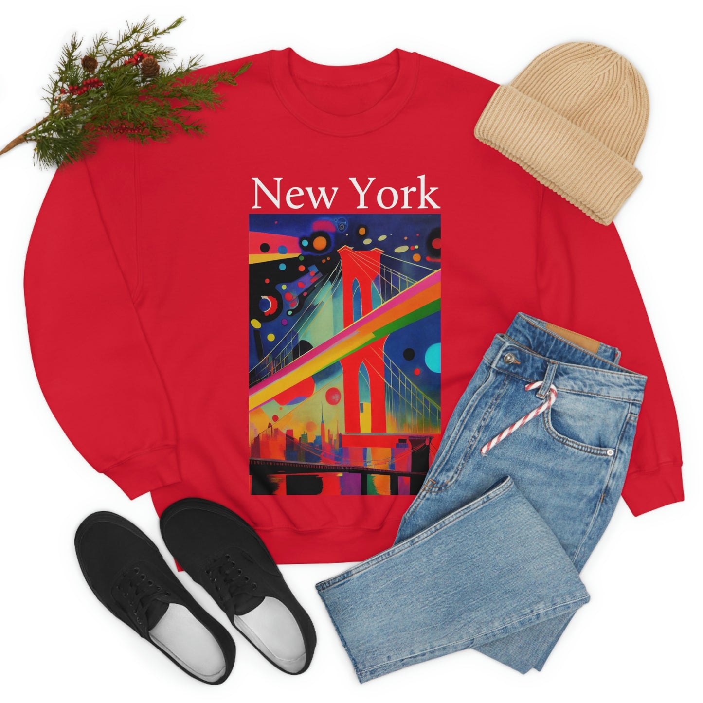 Colorful Night at The Brooklyn Bridge, New York City. Original Art. Unisex Heavy Blend Crewneck Sweatshirt.