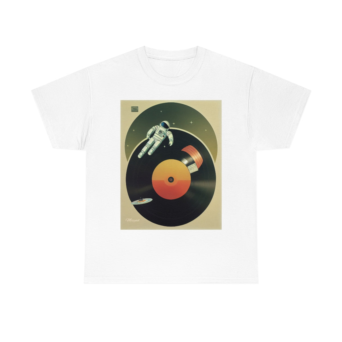 Astronaut Engraving Retro Music on a Vinyl. Original Artwork. Unisex Heavy Cotton Tee.