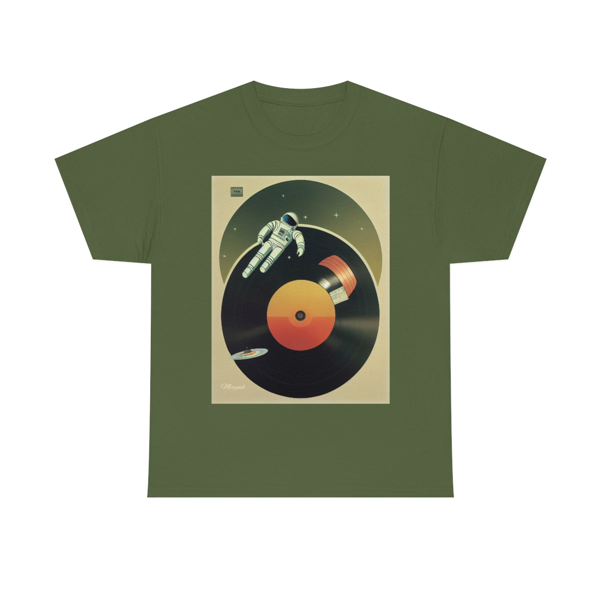 Astronaut Engraving Retro Music on a Vinyl. Original Artwork. Unisex Heavy Cotton Tee.