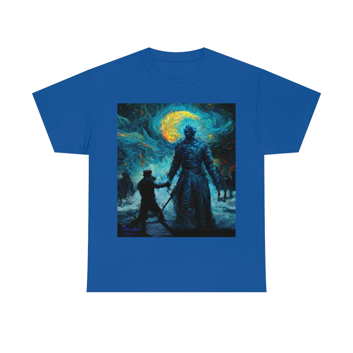 Starry Night Van Gogh and GoT Original Art. Night King Final Battle with Not Today Inscribed In The Back. Unisex Heavy Cotton Tee.